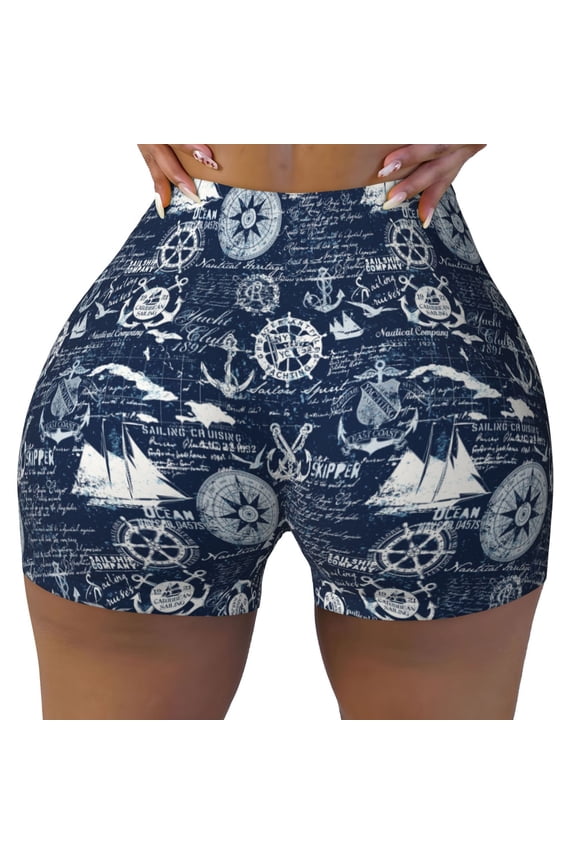 Sailing Cruises Nautical Print Workout Shorts for Women Seamless Soft Smooth Gym Yoga Scrunch Active Shorts