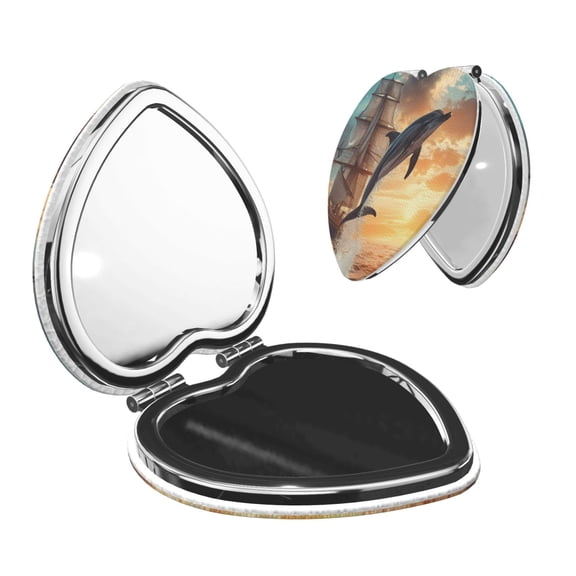Kdxio Sailing Dancing Dolphin Pocket Mirror, 1X/2X Travel Makeup Mirror 2-Sided Folding Small Mirror Portable Double-Sided Magnifying Cosmetic Mirror for Gift-Heart Shape