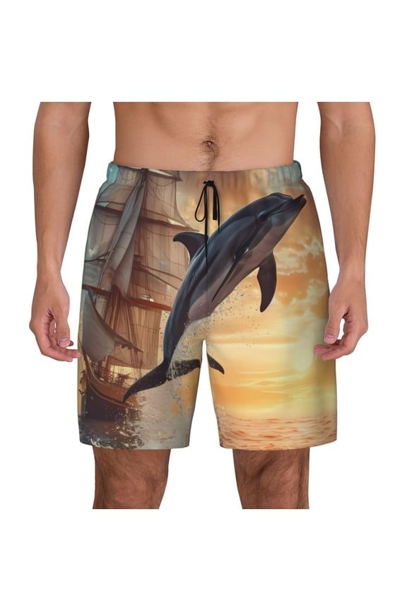 Sailing Dancing Dolphin Print Men's Swim Trunks with Compression Liner 7 Inch Inseam Quick Dry Swim Shorts