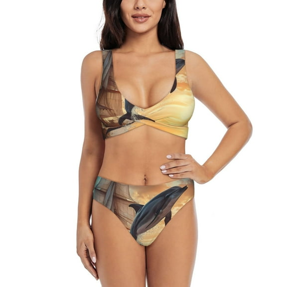 Kdxio Sailing Dancing Dolphin Print Women's 2 Piece High Waisted Wrap Spaghetti Strap Summer Swimsuit Bikini Set-X-Large