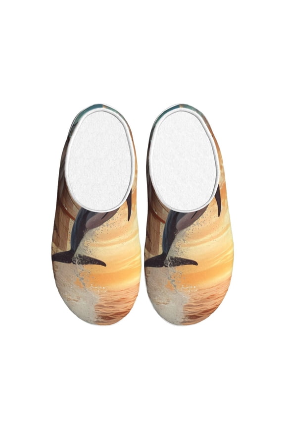 Sailing Dancing Dolphin Women's Men's Slippers Plush Slip-On House Slipper for Winter Indoor Soft Cushion Non-slip Fluffy Slides Slippers-35/36