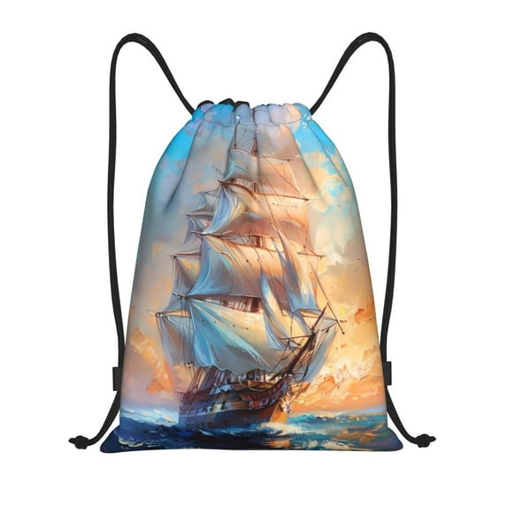 Kdxio Sailing Ship Ocean Sunset Print Drawstring Backpack Bag,Waterproof Draw String Back Sack, Gym Drawstring Bags Swim Bag For Unisex