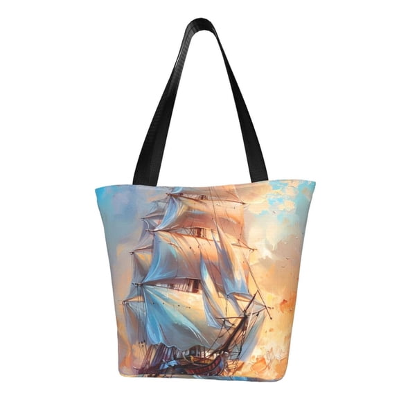 Kdxio Sailing Ship Ocean Sunset Women Reusable Grocery Bags Foldable Ripstop,Reusable Shopping Bags for Shopping,Gym,Gift