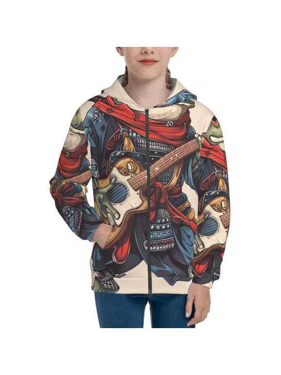 Samurai Frog Guitar Pattern Kids Boys Girls Zip Up Hoodie 3D Printed Hooded Sweatshirt Hoody Coat with Pocket 7-12 Y-Medium