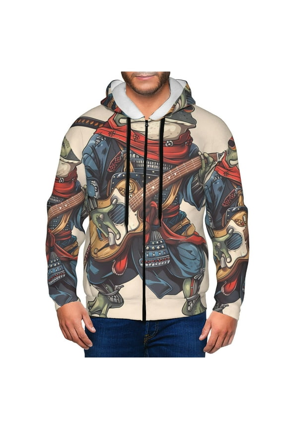 Samurai Frog Guitar Print Men Hoodies Casual Hoodies for Men with Zip Pockets Full Zip Long Sleeve Sweatshirt Sports Hooded Jacket-Large