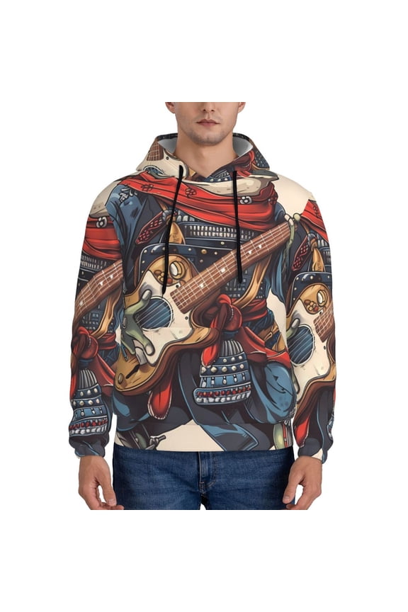 Samurai Frog Guitar Print Mens Casual Hooded Collar Drawstring Hoodies Pullover Sweatshirts Casual Long Sleeve Shirts-Small