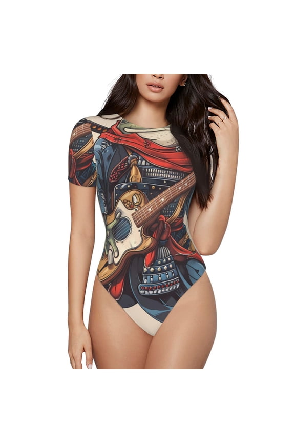 Samurai Frog Guitar for Women's Short-Sleeved Onesie Stylish Round Neck Pajamas Bodysuit Jumpsuit Nightwear-Large