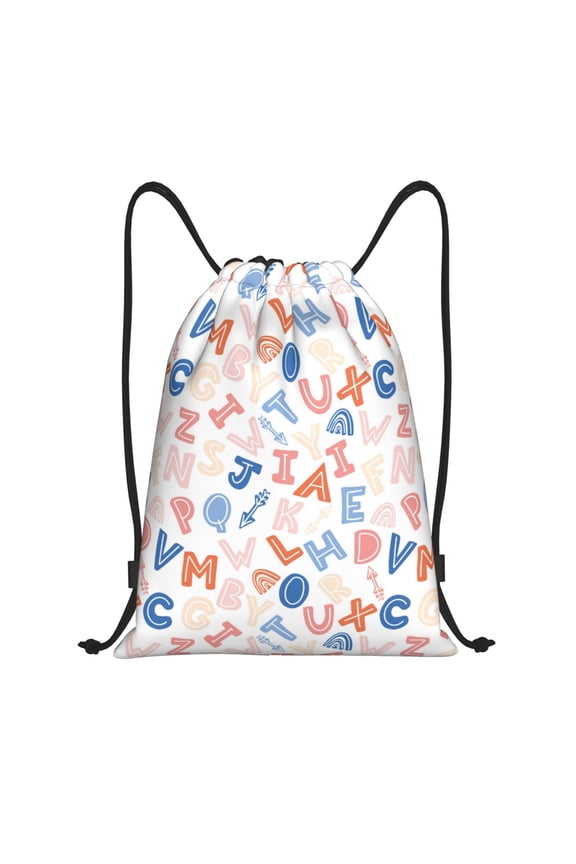 Scandinavian Alphabet Print Drawstring Backpack Bag,Waterproof Draw String Back Sack, Gym Drawstring Bags Swim Bag For Unisex