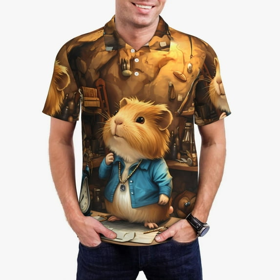 Kdxio Scientist Guinea Pig Print Men's Short Sleeve Polo Shirt,Midweight Men's Shirt