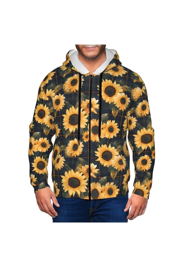 Scottish Blue Plaid Sunflower Print Men Hoodies Casual Hoodies for Men with Zip Pockets Full Zip Long Sleeve Sweatshirt Sports Hooded Jacket-Small