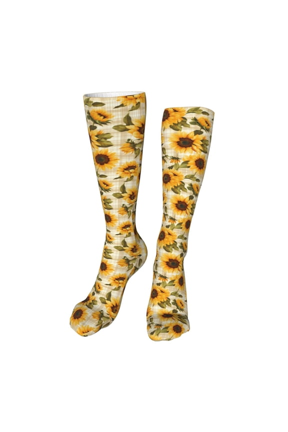 Scottish Plaid Sunflower Funny Silky Novelty Funky Long Knee High Socks Soft 3D Print Cosplay Crazy Stockings for Men Women
