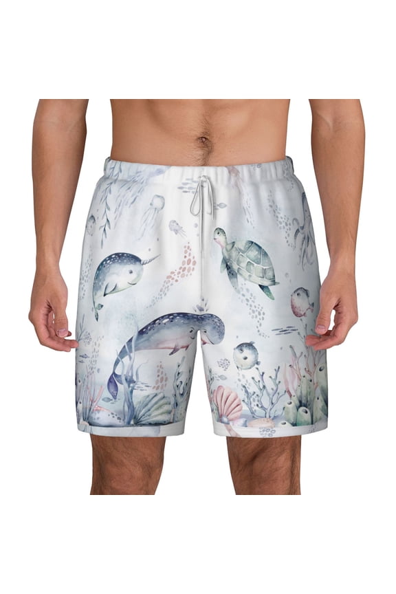 Sea Animals Print Men'S Swim Trunks With Compression Liner 7 Inch Inseam Quick Dry Swim Shorts