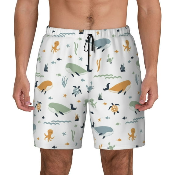 Kdxio Sea Creatures Print Men's Swim Trunks with Compression Liner 7 Inch Inseam Quick Dry Swim Shorts