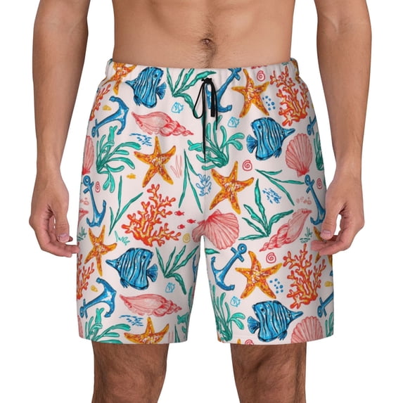 Kdxio Sea Creatures Print Men's Swim Trunks with Compression Liner 7 Inch Inseam Quick Dry Swim Shorts