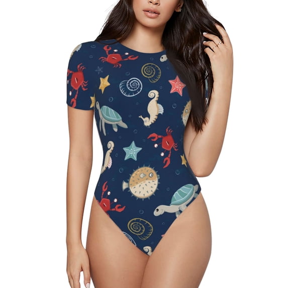 Kdxio Sea Creatures for Women's Short-Sleeved Onesie Stylish Round Neck Pajamas Bodysuit Jumpsuit Nightwear-X-Large