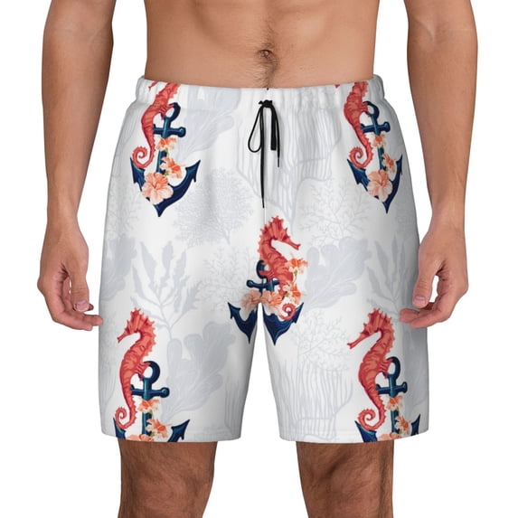 Kdxio Sea Horse And Corals1 Print Men's Swim Trunks with Compression Liner 7 Inch Inseam Quick Dry Swim Shorts