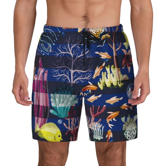 Kdxio Sea Inhabitans And Herb Print Men'S Swim Trunks With Compression Liner 7 Inch Inseam Quick Dry Swim Shorts