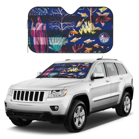 Kdxio Sea Inhabitans and Herb Print Windshield Sun Shade, Foldable Sun Blocker for Car,Truck,SUV Automotive Interior Sun Protection,Reflective Shade for Front Windshield(Small)