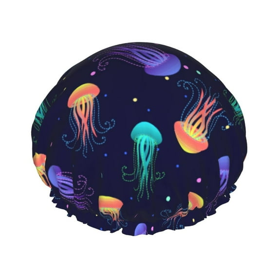 Kdxio Sea Jellyfish Print Shower Cap for Women,Elastic and Reusable,Double Waterproof Layers Bathing Hat
