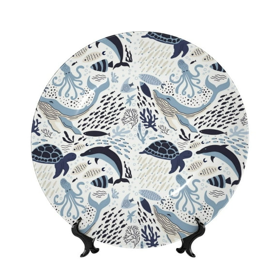 Kdxio Sea Life Elements Bone China Decorative Plate Ceramic Decorative Plate for Home Office Wall Stand Decorative Plates for Home Bedroom-10in