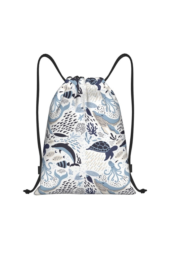 Sea Life Elements Print Drawstring Backpack Bag,Waterproof Draw String Back Sack, Gym Drawstring Bags Swim Bag For Unisex