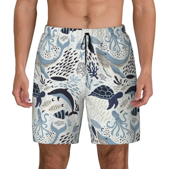 Kdxio Sea Life Elements Print Men's Swim Trunks with Compression Liner 7 Inch Inseam Quick Dry Swim Shorts
