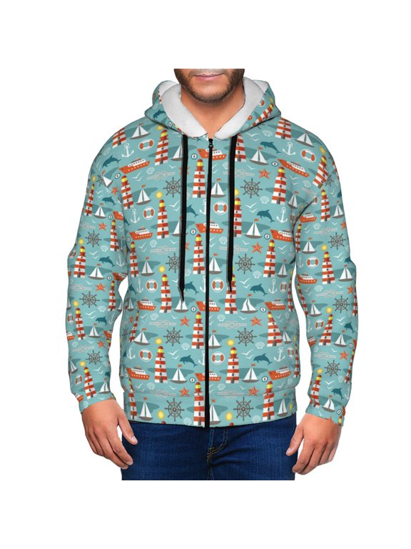 Sea Lighthouse Print Men Hoodies Casual Hoodies for Men with Zip Pockets Full Zip Long Sleeve Sweatshirt Sports Hooded Jacket-Medium