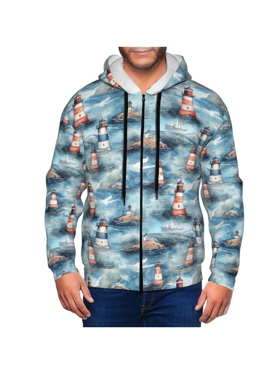 Sea Marine And Lighthouse Print Men Hoodies Casual Hoodies for Men with Zip Pockets Full Zip Long Sleeve Sweatshirt Sports Hooded Jacket-Small