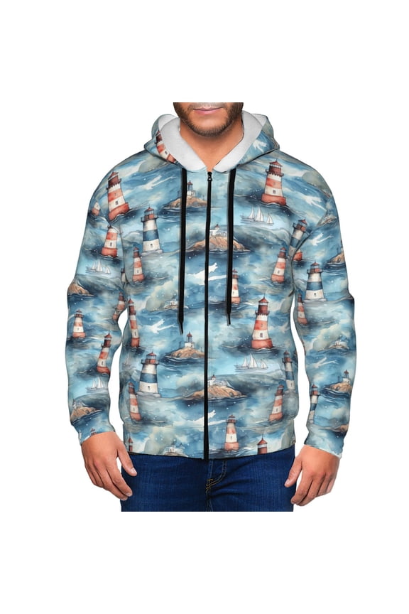 Sea Marine And Lighthouse Print Men Hoodies Casual Hoodies for Men with Zip Pockets Full Zip Long Sleeve Sweatshirt Sports Hooded Jacket-Small