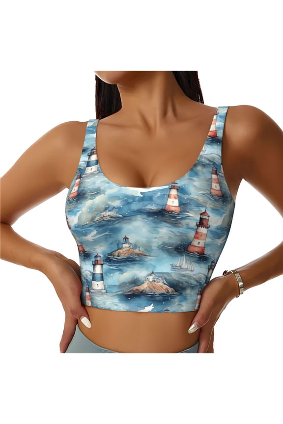 Sea Marine And Lighthouse Print Workout Crop Tank Top for Women Racerback Yoga Tank Tops Athletic Sports Shirts Exercise Undershirts