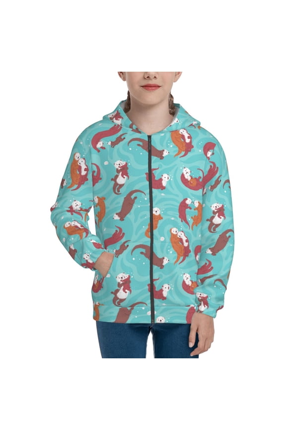 Sea Otters Family In Blue Water Pattern Kids Boys Girls Zip Up Hoodie 3D Printed Hooded Sweatshirt Hoody Coat with Pocket 7-12 Y-Small