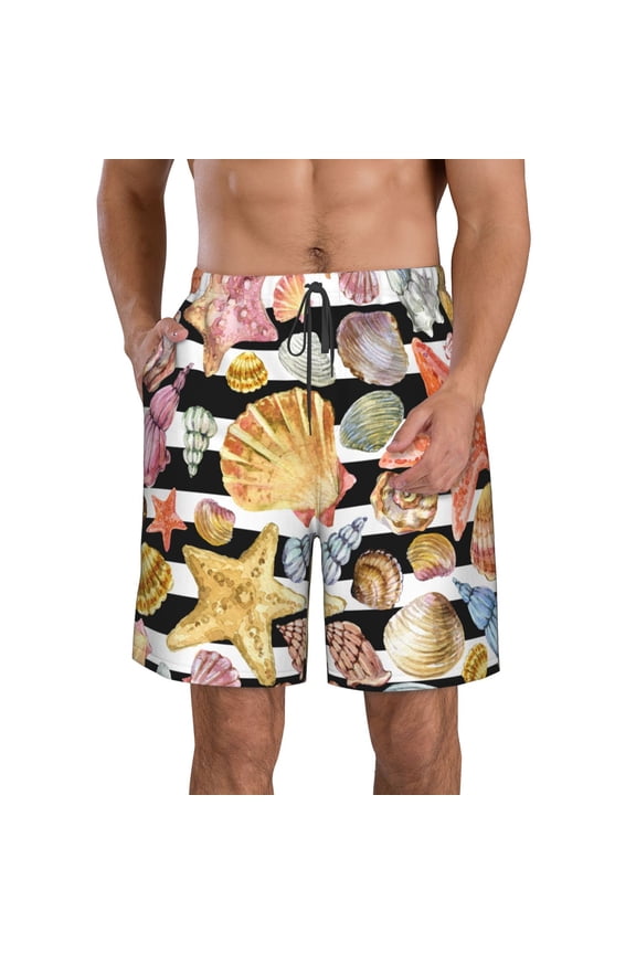 Sea Shell Pattern Mens Casual Shorts - Drawstring Summer Beach Sports Shorts for Men