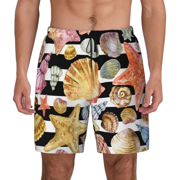 Kdxio Sea Shell Print Men's Swim Trunks with Compression Liner 7 Inch Inseam Quick Dry Swim Shorts