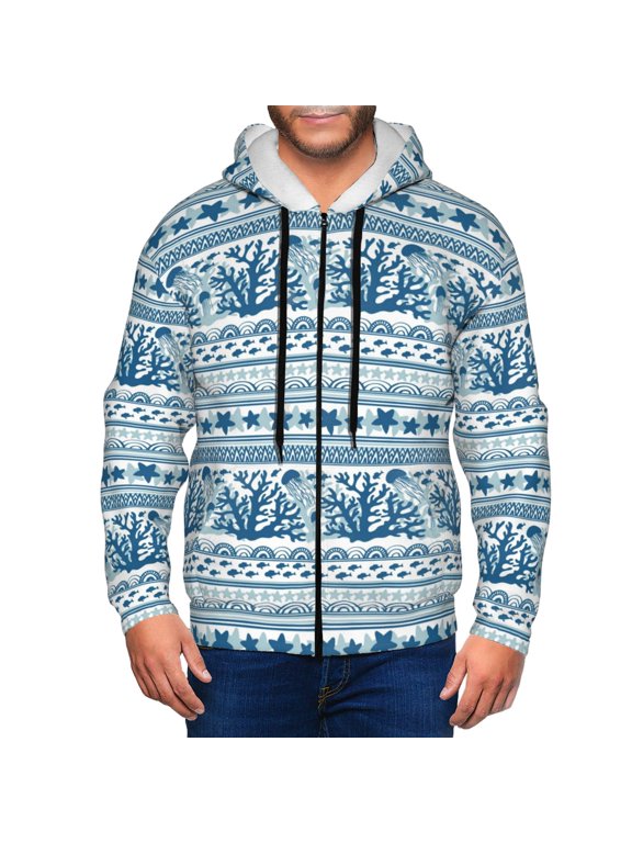 Sea Underwater Jellyfish Print Men Hoodies Casual Hoodies for Men with Zip Pockets Full Zip Long Sleeve Sweatshirt Sports Hooded Jacket-Medium