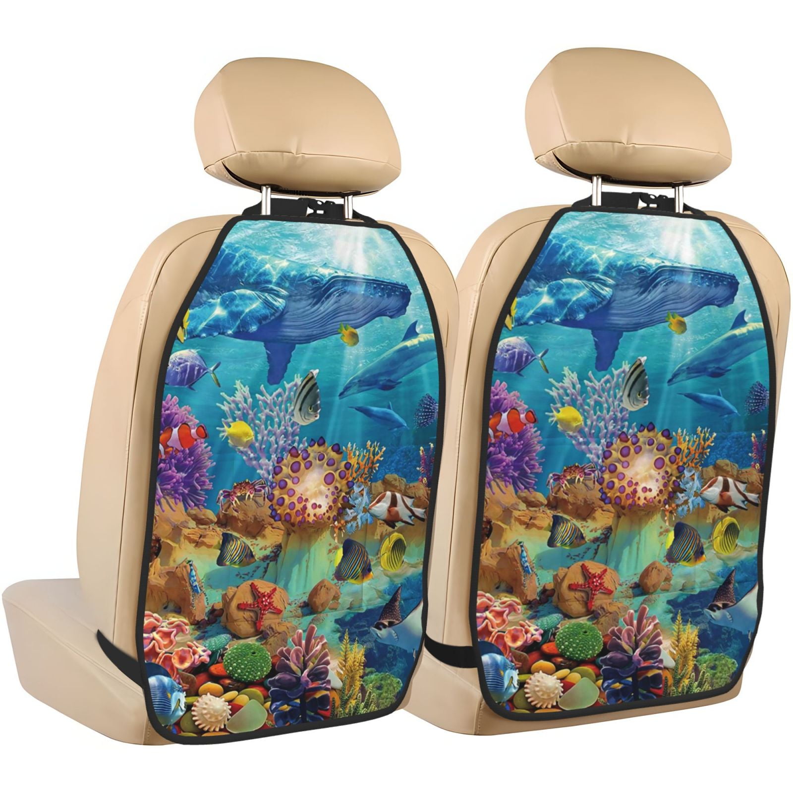 Kdxio Sea World Print 2 Pack Car Kick Mat Seat Cover Back Protector Mat with Pockets for Organizer Backseat Protector and Storage Anti Kick Pad for Vehicles