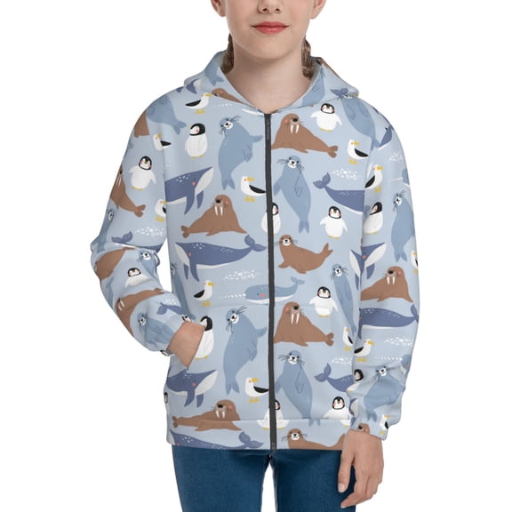 Kdxio Seal Fox Seagull Whales Pattern Kids Boys Girls Zip Up Hoodie 3D Printed Hooded Sweatshirt Hoody Coat with Pocket 7-12 Y-Medium