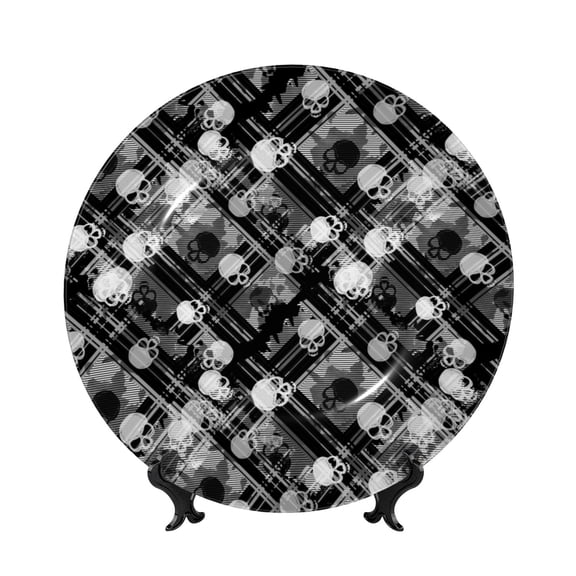 Kdxio Seamless Pattern With Skulls Bone China Decorative Plate Ceramic Decorative Plate for Home Office Wall Stand Decorative Plates for Home Bedroom-6in