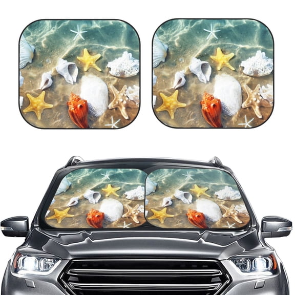 Kdxio Seashell On The Beach Print 2-Piece Sun Shade Front Windshield - Foldable Car Front Window Sunshades for Most Sedans SUV Truck