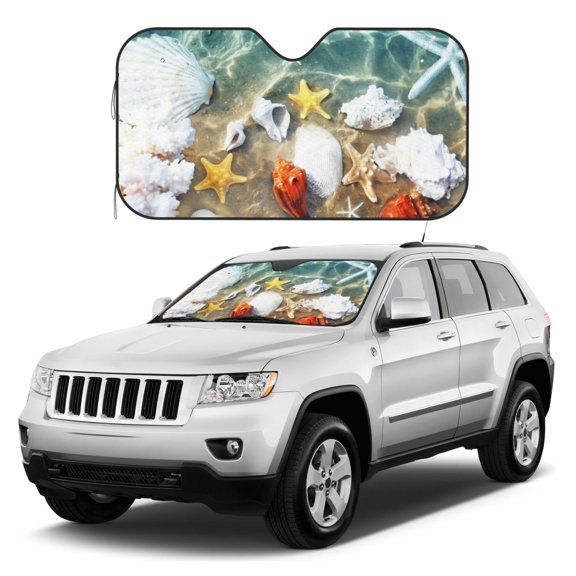 Kdxio Seashell On The Beach Print Windshield Sun Shade, Foldable Sun Blocker for Car,Truck,SUV Automotive Interior Sun Protection,Reflective Shade for Front Windshield(Medium)