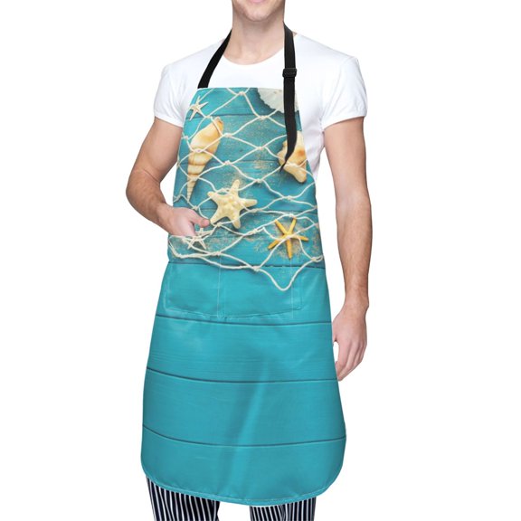 Kdxio Seashells And Fishing Net On Blue Wooden Table Apron with Pockets Adjustable Kitchen Aprons for Men Women Waterproof Aprons for Cooking,Drawing,Crafting, Baking Household Cleaning