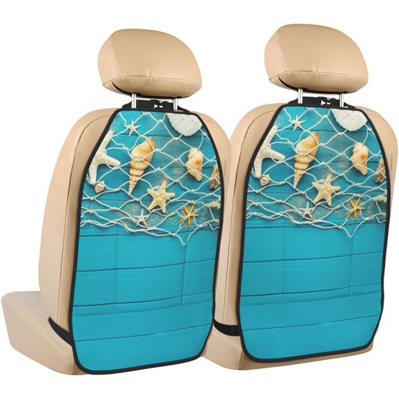 Kdxio Seashells And Fishing Net On Blue Wooden Table Print 2 Pack Car Kick Mat Seat Cover Back Protector Mat with Pockets for Organizer Backseat Protector and Storage Anti Kick Pad for Vehicles