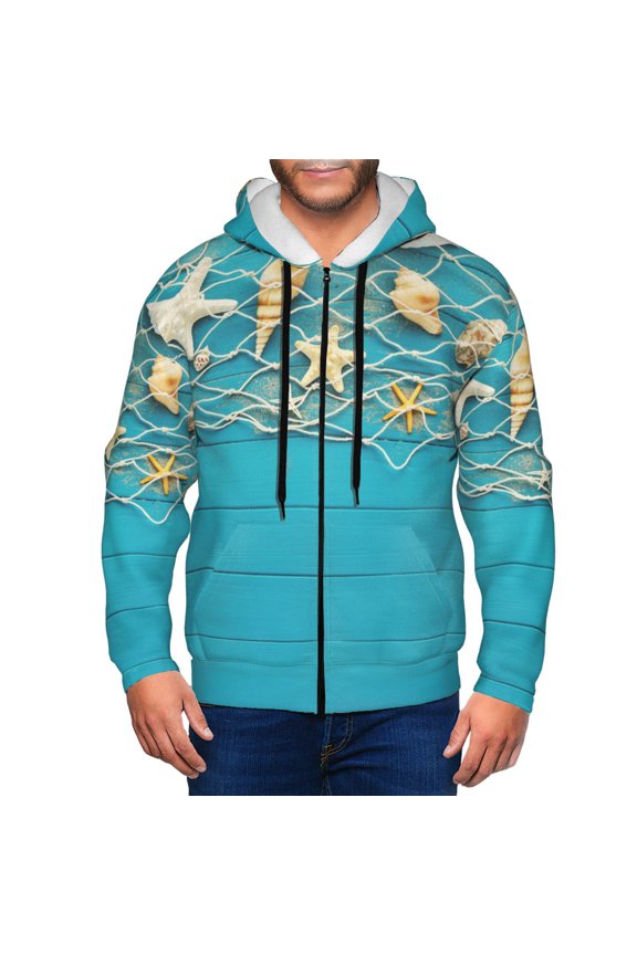 Seashells And Fishing Net On Blue Wooden Table Print Men Hoodies Casual Hoodies for Men with Zip Pockets Full Zip Long Sleeve Sweatshirt Sports Hooded Jacket-Small