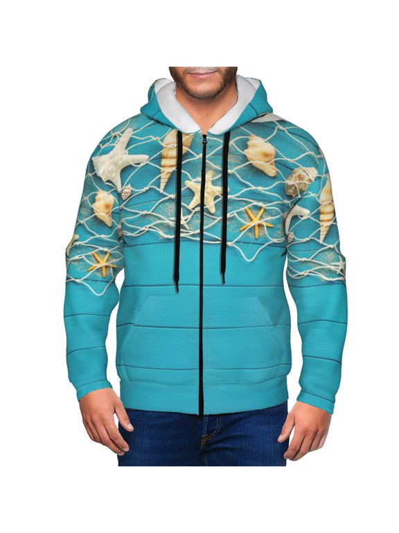 Seashells And Fishing Net On Blue Wooden Table Print Men Hoodies Casual Hoodies for Men with Zip Pockets Full Zip Long Sleeve Sweatshirt Sports Hooded Jacket-X-Large
