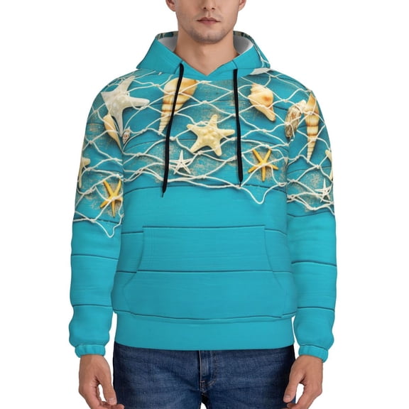 Kdxio Seashells And Fishing Net On Blue Wooden Table Print Mens Casual Hooded Collar Drawstring Hoodies Pullover Sweatshirts Casual Long Sleeve Shirts-XX-Large