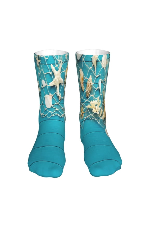 Seashells And Fishing Net On Blue Wooden Table