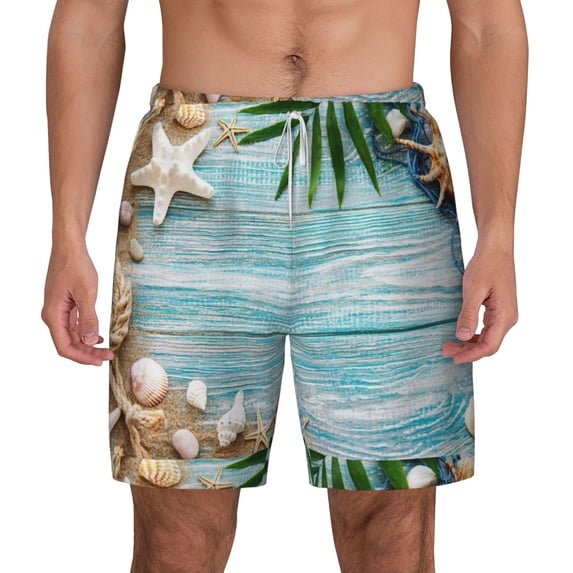Kdxio Seashells On Sand Print Men'S Swim Trunks With Compression Liner 7 Inch Inseam Quick Dry Swim Shorts