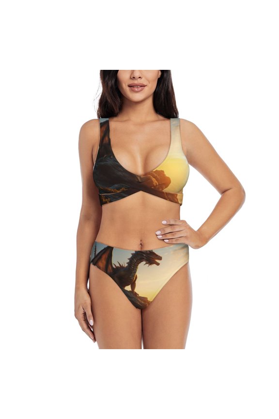 Seaside Sunset Cool Dragon Print Women's 2 Piece High Waisted Wrap Spaghetti Strap Summer Swimsuit Bikini Set-Medium