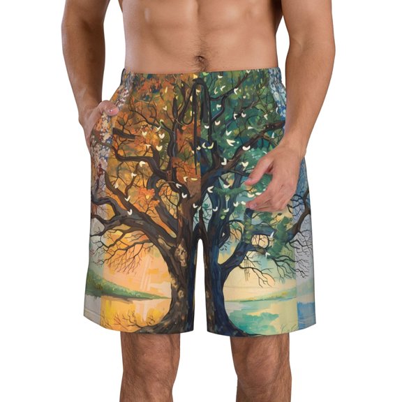 Kdxio Seasonal Tree Reflection Pattern Mens Casual Shorts - Drawstring Summer Beach Sports Shorts for Men