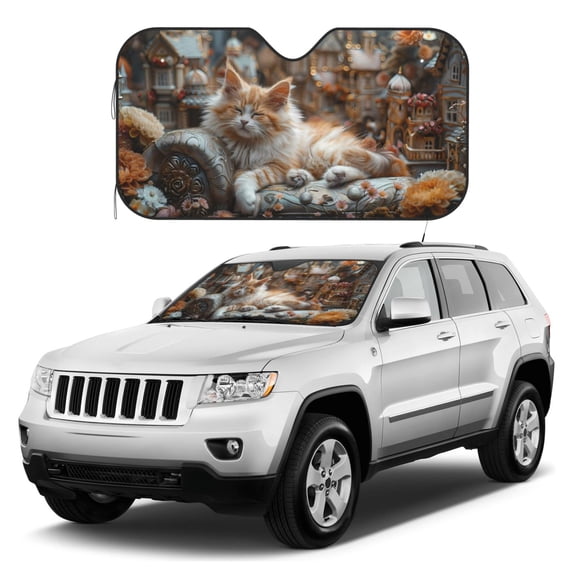 Kdxio Serene Kitten Kingdom Print Windshield Sun Shade, Foldable Sun Blocker for Car,Truck,SUV Automotive Interior Sun Protection,Reflective Shade for Front Windshield(Small)