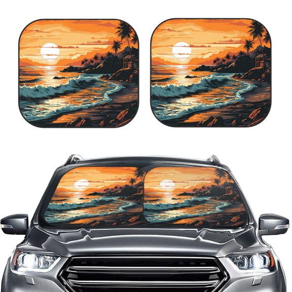 Kdxio Serene Ocean Sunset Print 2-Piece Sun Shade Front Windshield - Foldable Car Front Window Sunshades for Most Sedans SUV Truck